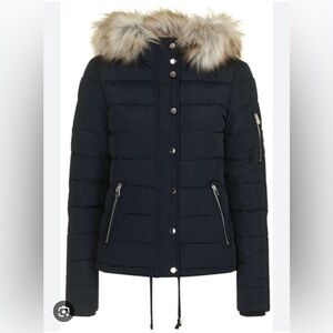Topshop Navy Puffer Jacket with Fur Hood Size 6 Retail $135.00